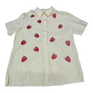 Vintage Quacker Factory M Yellow White Stripe Strawberries Short Sleeve Shirt